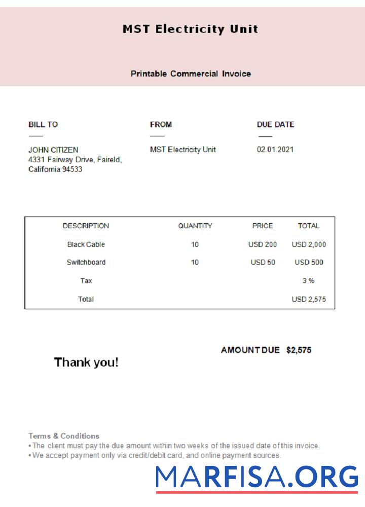 Blank USA MST Electricity Unit invoice sample